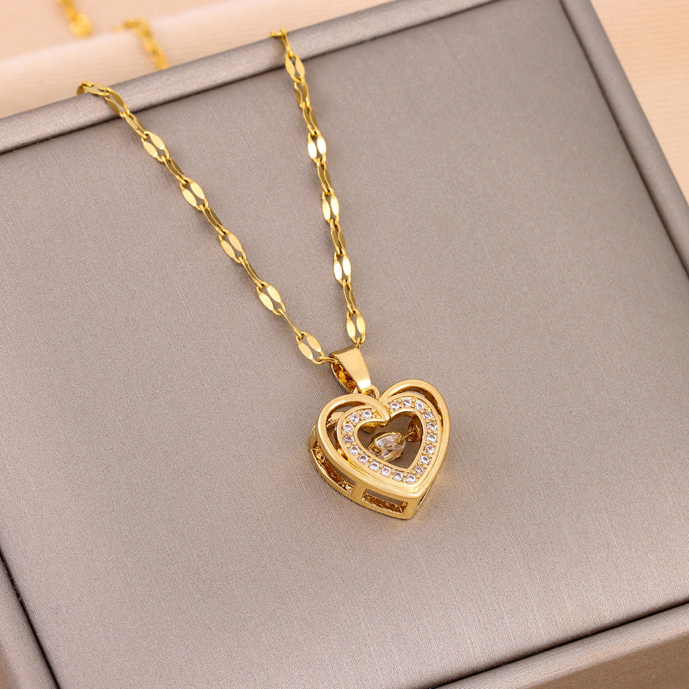 Double-Layer Heart Necklace – Premium Rhinestone Titanium Steel Pendant for Women