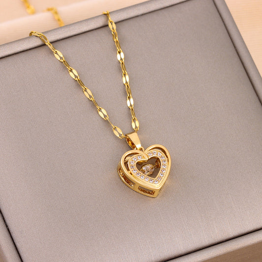 Double-Layer Heart Necklace – Premium Rhinestone Titanium Steel Pendant for Women