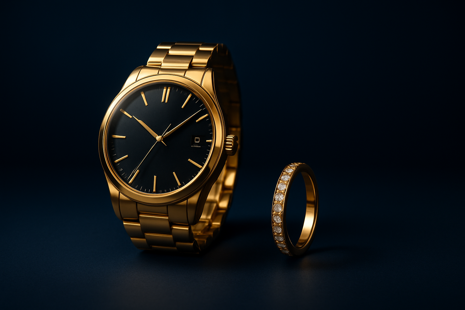 Premium luxury wrist watch and ring display, clean dark royal blue fashion background, soft gold reflections, dramatic product lighting, elegant jewelry product shot, high-end commercial photography, luxury vibe, minimal shadows, ultra realistic 4K, NO TEXT, no watermark, professional banner
