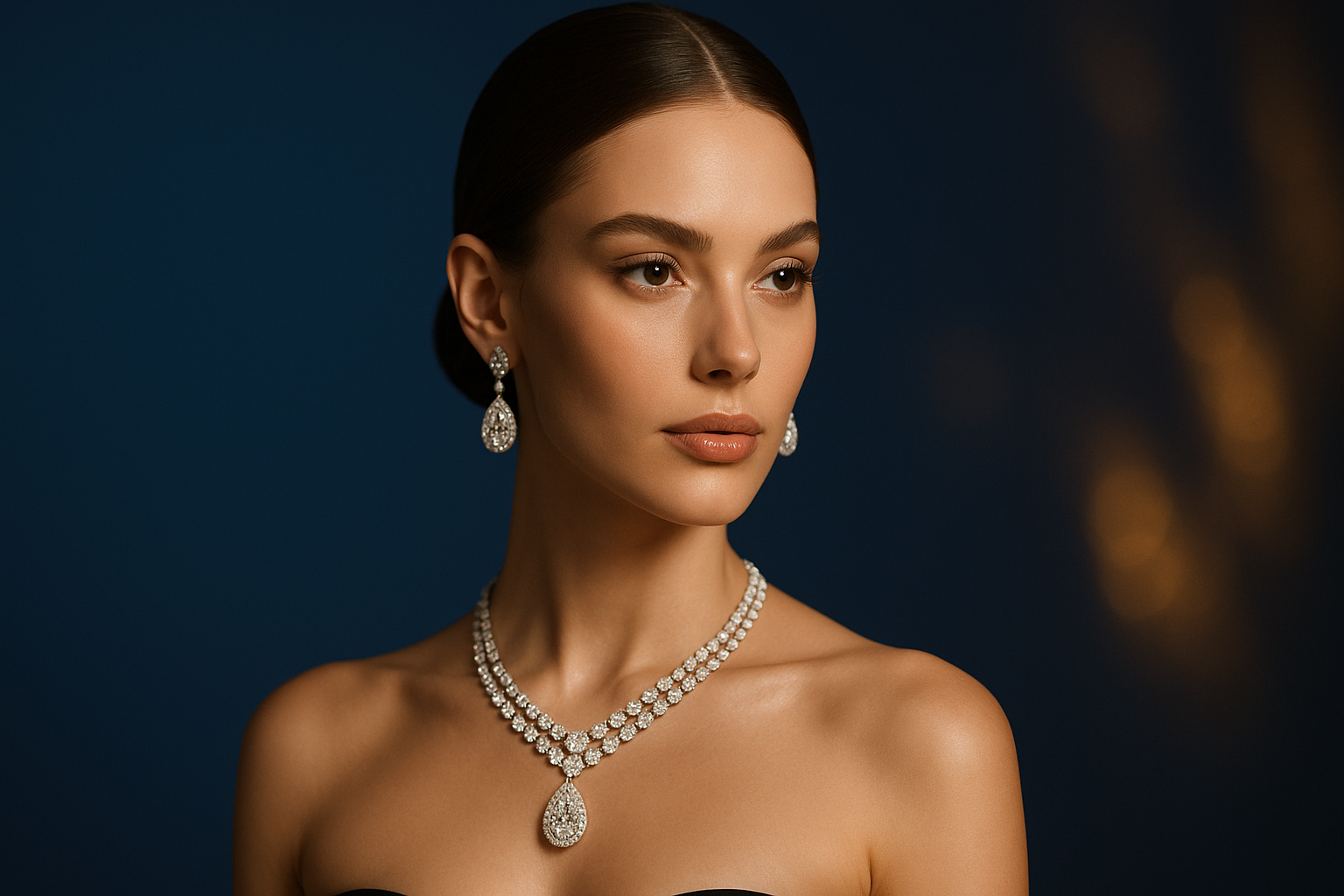 Ultra premium fashion jewelry banner, elegant female model wearing luxury necklace and earrings, smooth royal blue background with soft golden light reflections, cinematic lighting, luxury jewelry shine, professional high fashion photography, glossy premium look, Vogue style, minimal clean composition, centered model, jewelry focus, 4K UHD, NO TEXT, no logo, no watermark, product emphasis, rich details, fashion editorial
